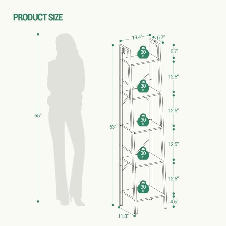 Hzuaneri Ladder Shelf, Bookshelf Bookcase, Freestanding Corner Storage Shelve with 2 Hooks for Home Office, Living Room, Kitchen, Bedroom, Industrial, 11.8" D x 13.4" W x 63" H, Rustic Brown BC03201B