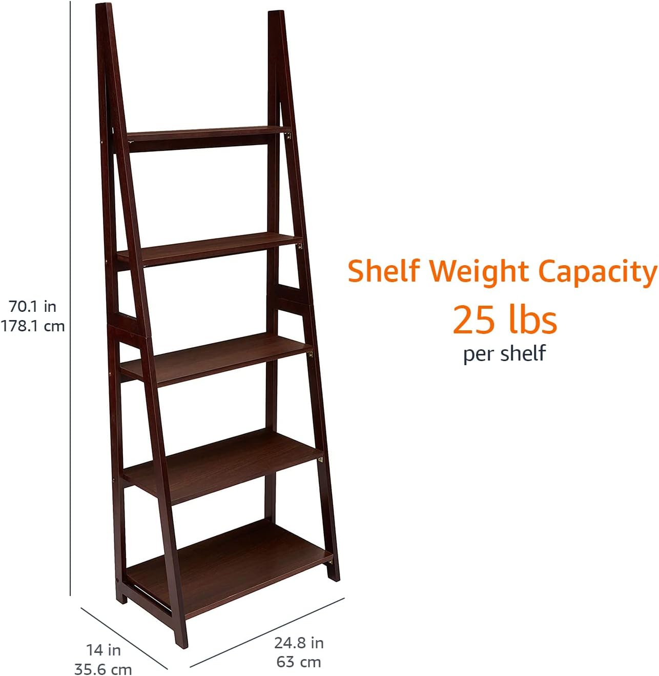 Amazon Basics 5-Tier Ladder Bookshelf Storage Organizer, Tall Bookcase for Small Space, Solid Rubberwood Frame, Modern Display Shelf, Espresso Finish, 14" D x 24.8" W x 70.1" H