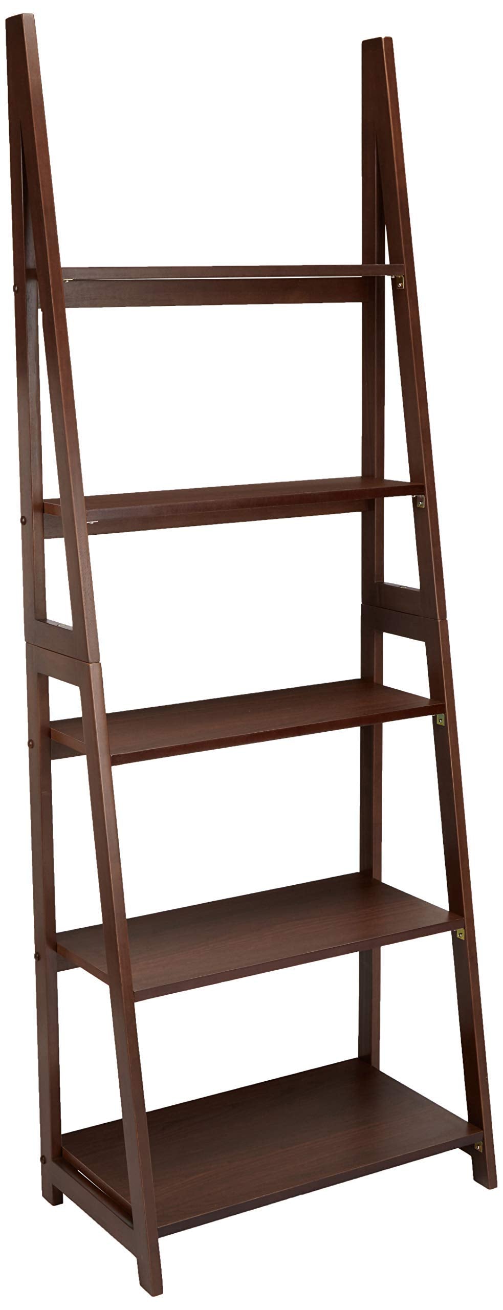 Amazon Basics 5-Tier Ladder Bookshelf Storage Organizer, Tall Bookcase for Small Space, Solid Rubberwood Frame, Modern Display Shelf, Espresso Finish, 14" D x 24.8" W x 70.1" H