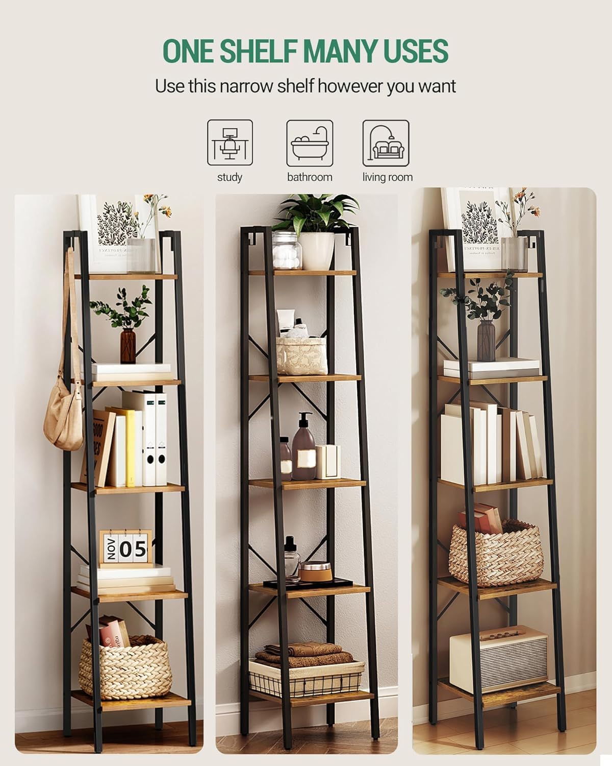 Hzuaneri Ladder Shelf, Bookshelf Bookcase, Freestanding Corner Storage Shelve with 2 Hooks for Home Office, Living Room, Kitchen, Bedroom, Industrial, 11.8" D x 13.4" W x 63" H, Rustic Brown BC03201B