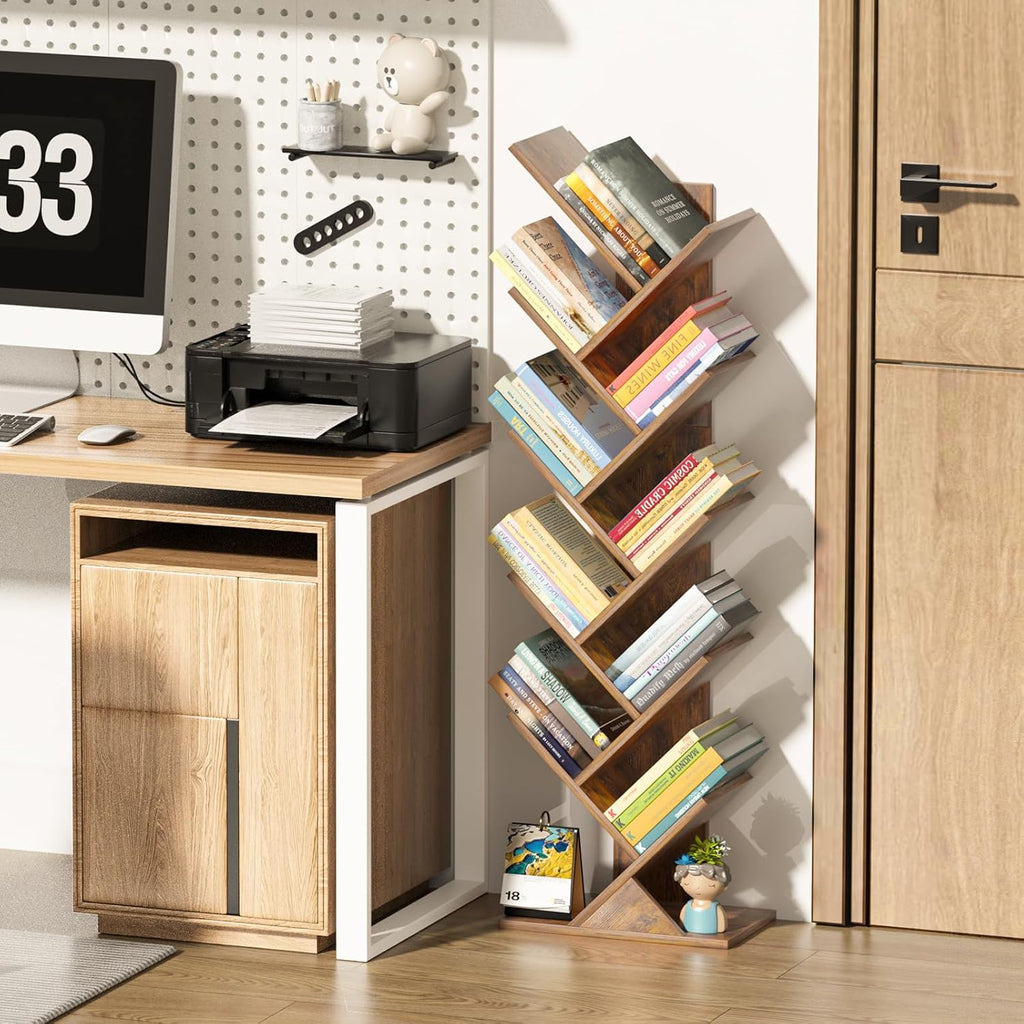 SHEEPAM 10 Tier Tree Book Shelf, Floor Standing Wood Bookshelf for Narrow Space, Storage Organizer Bookshelves for Books/CDs/Magazine, Bookcase with Shelves for Home Office, Living Room - Brown