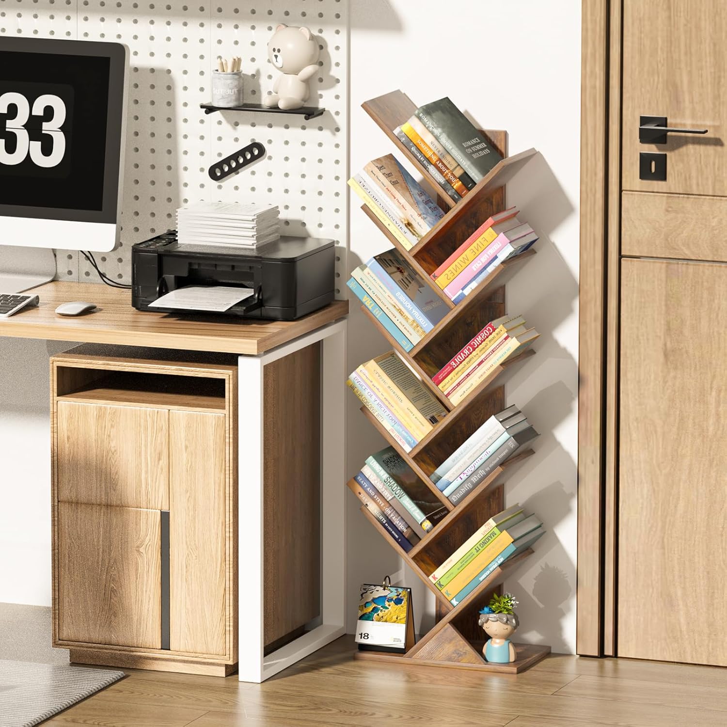SHEEPAM 10 Tier Tree Book Shelf, Floor Standing Wood Bookshelf for Narrow Space, Storage Organizer Bookshelves for Books/CDs/Magazine, Bookcase with Shelves for Home Office, Living Room - Brown