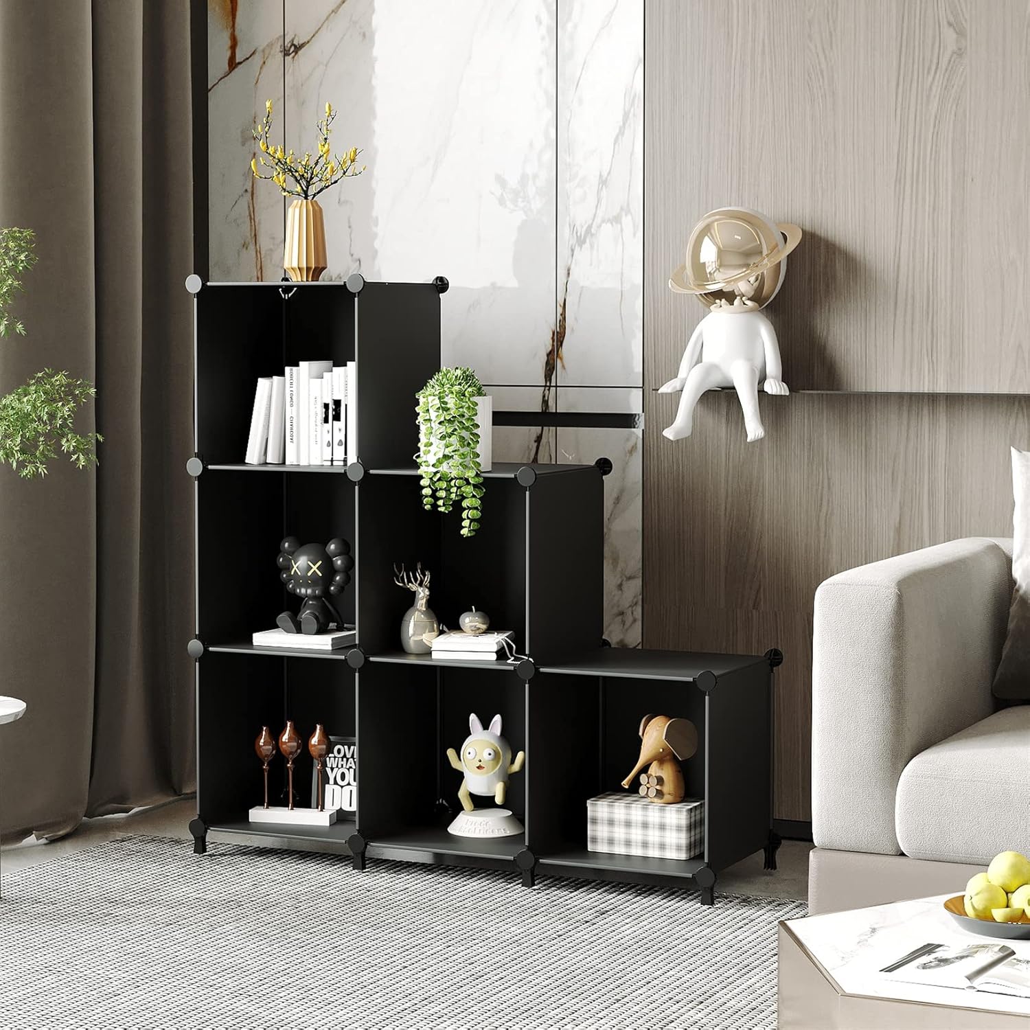 AWTATOS Cube Storage Organizer, Storage Cubes Shelves Bookshelf, 6 Cube Closet Organizers and Storage, DIY Stackable Plastic Clothes Organizer Shelving for Bedroom, Home, Black