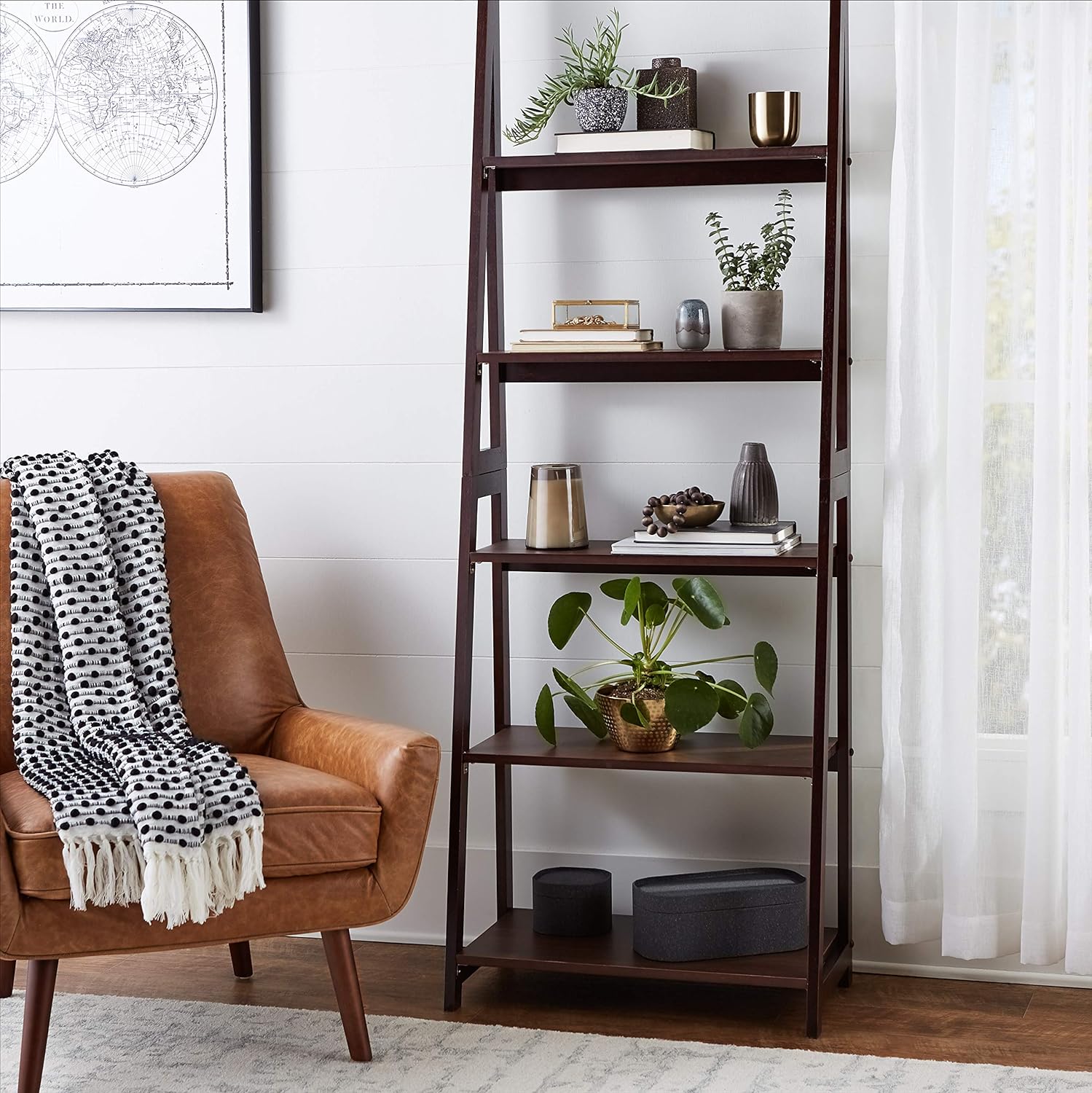 Amazon Basics 5-Tier Ladder Bookshelf Storage Organizer, Tall Bookcase for Small Space, Solid Rubberwood Frame, Modern Display Shelf, Espresso Finish, 14" D x 24.8" W x 70.1" H