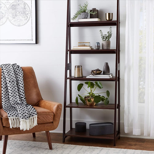Amazon Basics 5-Tier Ladder Bookshelf Storage Organizer, Tall Bookcase for Small Space, Solid Rubberwood Frame, Modern Display Shelf, Espresso Finish, 14" D x 24.8" W x 70.1" H